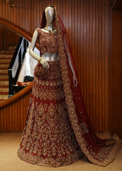 Enchanting Deep Red Bridal Lehenga Choli Set in Cotton Net with Adda Work