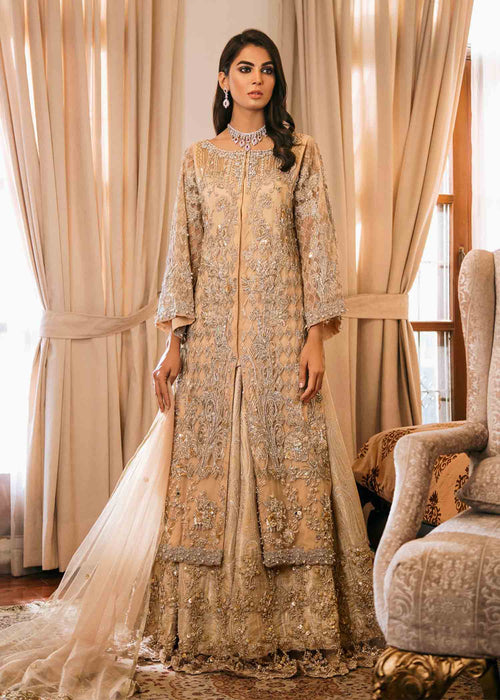 Exquisite Beige Net Engagement Ensemble: Embroidered Gown, Sharara, and Dupatta Set with Pearls and Crystals