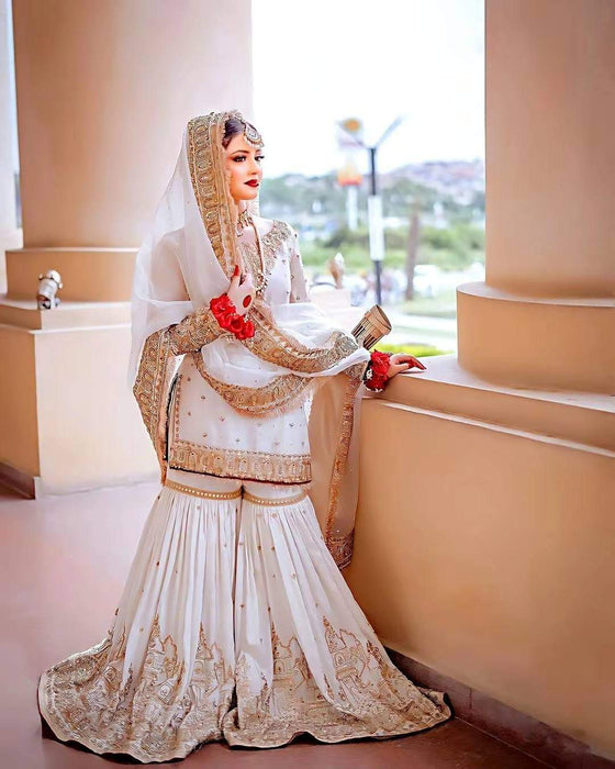 Graceful Whiteness: Unveiling Bridal Sharara Beauty