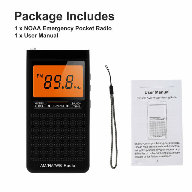 New Emergency Pocket Radio NOAA AM FM Weather Radio Compact Portable Auto-Search Stereo Radio Built-in Speaker Alarm Clock Radio