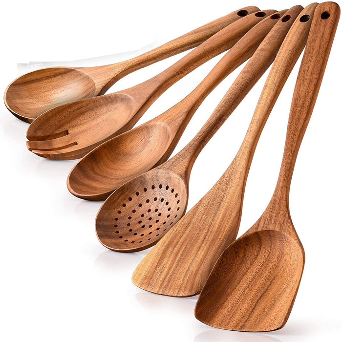 Set of 6 long-lasting, durable, non-stick wooden spatula of the best quality. Teak wood frying spoons with a smooth surface. Set of Natural Teak Wood Utensils, Heat-Resistant Natural Beechwood Spatulas, and Long-Handled Cooking Spoons (6 pieces)